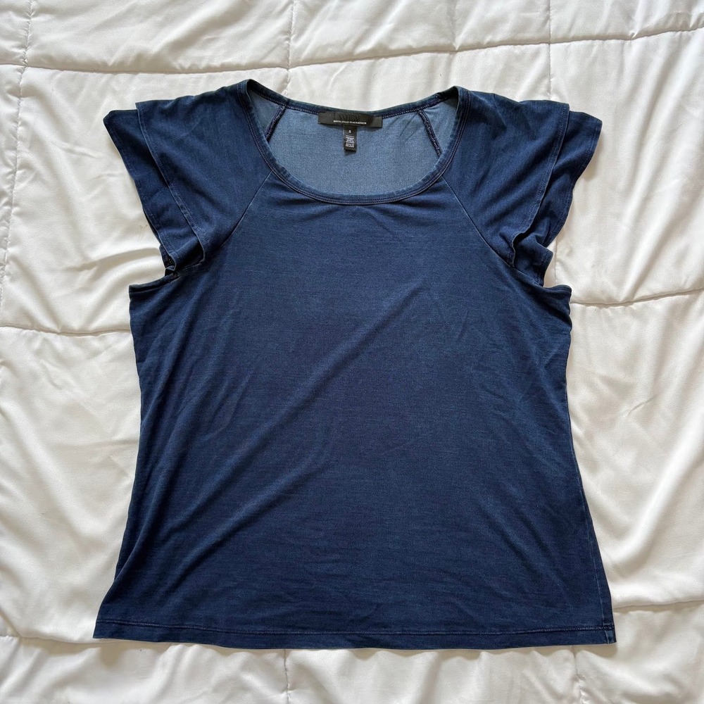 White House Black Market Indigo Flutter Sleeve Ruffle Top Small Quiet Luxury